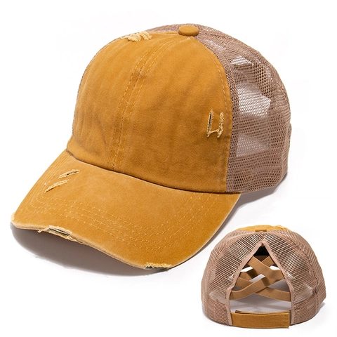 Distressed Pferdeschwanz Baseballkappe Damen Gewaschene Baumwolle Mesh Retro Zerrissene Criss Cross Trucker Hat