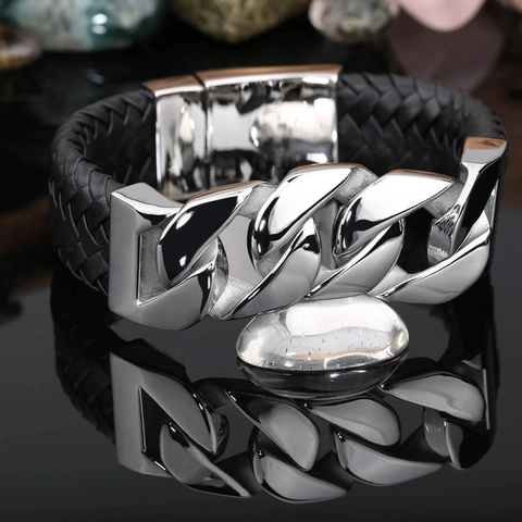 Men's Wide Cuban Link Chain Bracelet Stainless Steel And Braided Leather Punk Hip Hop Fashion Jewelry