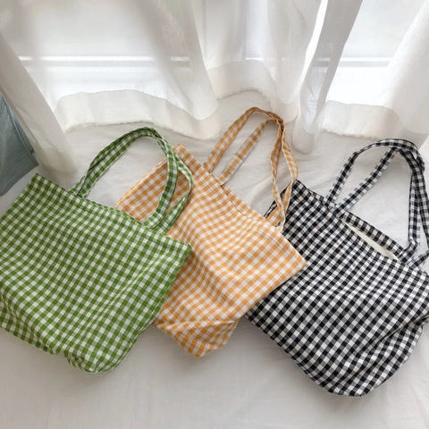 Sac Cabas À Carreaux Gingham Coton Et Toile Grande Capacité Poche Intérieure Décontracté Shopping Quotidien Style Japonais Rétro