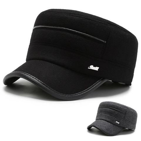 Gorra Cadet Invierno Hombre Lana Militar Sombrero Plano Con Orejeras Cálido PU Cuero Ajustable Deporte Moda