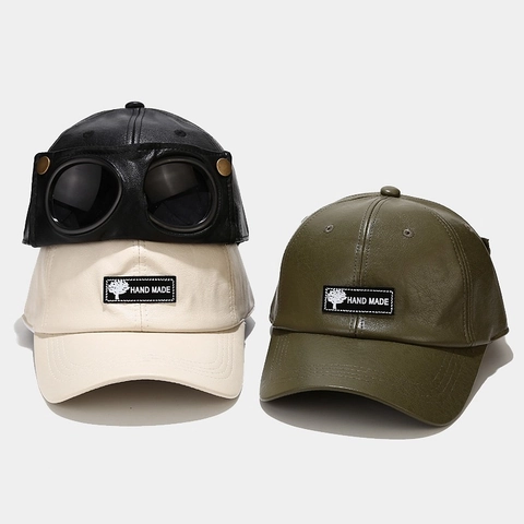Cappello Da Baseball In Pelle PU Con Occhiali Stile Pilota Aviatore Antivento Protezione Solare Retrò Regolabile