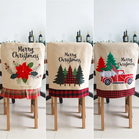 Christmas Chair Covers Linen Burlap Embroidered Dining Room Decoration Festive Merry Christmas Gnomes Poinsettia