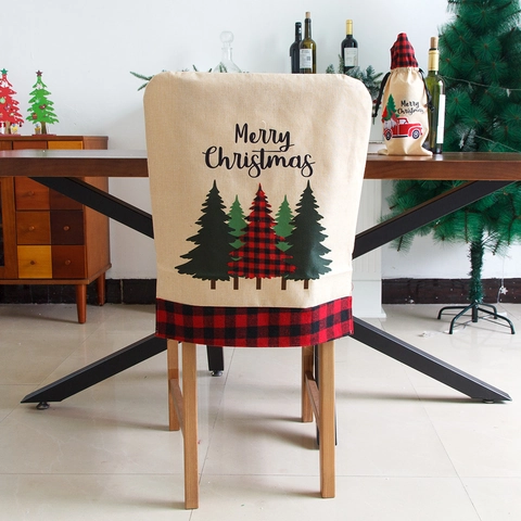 Christmas Chair Covers Linen Burlap Embroidered Dining Room Decoration Festive Merry Christmas Gnomes Poinsettia