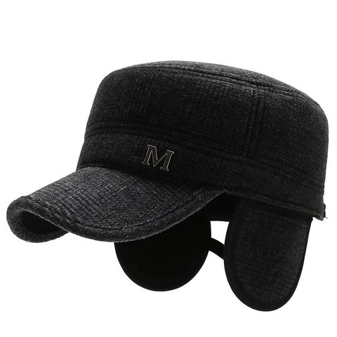 Herren Winter Cadet Cap Wollmischung Flat Top Mütze Mit Ohrenklappen Warm Verdickt Verstellbar Militär Stil Lässig