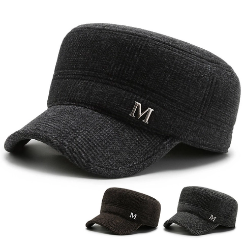Herren Winter Cadet Cap Wollmischung Flat Top Mütze Mit Ohrenklappen Warm Verdickt Verstellbar Militär Stil Lässig