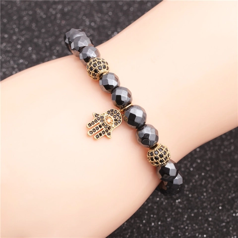 Hamsa Hand Evil Eye Beaded Bracelet Faceted Hematite Stone Copper Micro Pave Rhinestone Elastic Spiritual Jewelry For Women Men