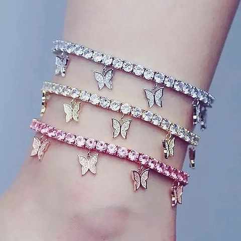 Butterfly Rhinestone Anklet For Women Alloy Shiny Charms Foot Chain Jewelry Beach Accessories Adjustable Elegant Anklet
