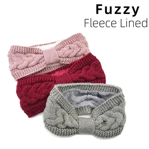 Knitted Headband Women Winter Fleece Lined Acrylic Cable Knit Bow Ear Warmer Thermal Outdoor Warm Hair Band