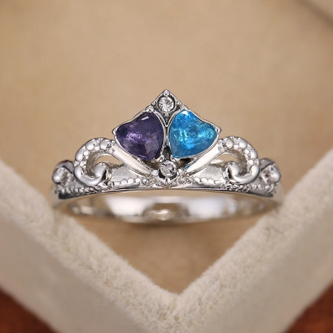 Alloy Crown Tiara Ring With Purple And Sky Blue Heart Shaped Cubic Zirconia Gemstones For Women Elegant Jewelry Gift
