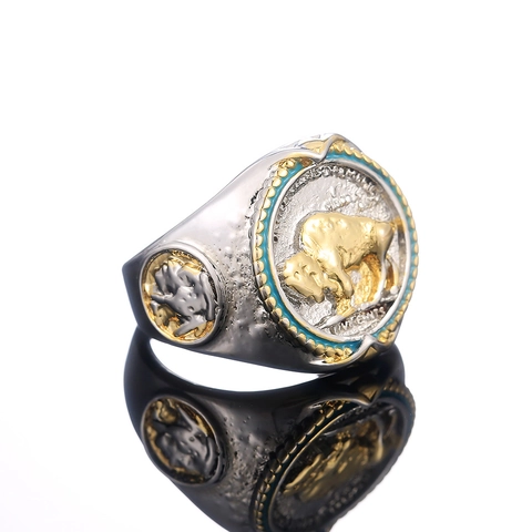 Buffalo Nickel Coin Ring Vintage Alloy Two Tone Enamel American Western Cowboy Style Jewelry For Men Women