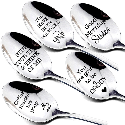 Stainless Steel Spoon Engraved Lettering Creative Gift Novelty Coffee Tea Dessert Spoon Mirror Polished Modern