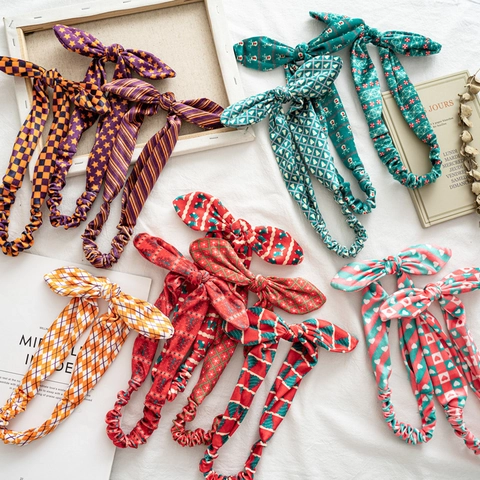 Serre-Tête De Noël Velours Élastique Noué Oreilles De Lapin Bandeau Cheveux Accessoires De Fête De Vacances Femmes Filles Imprimé