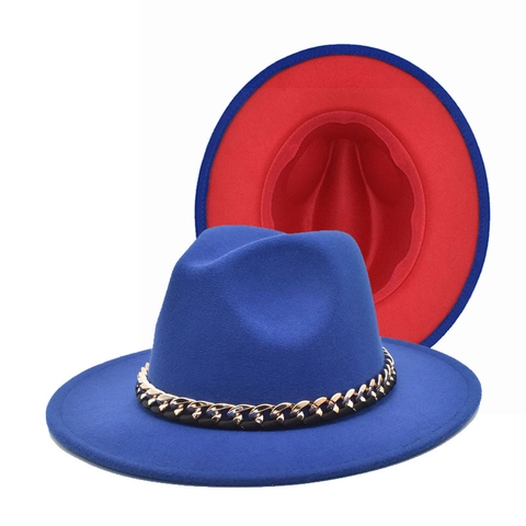 Fedora Hat Wide Brim Double Sided Color Block Jazz Hat With Gold Metal Chain Cotton Polyester Fashion Unisex