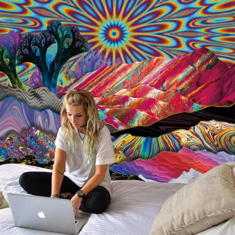 Abstract Sun Mountain Tapestry Polyester Wall Hanging Psychedelic Nordic Style Decor For Bedroom Dormitory Living Room