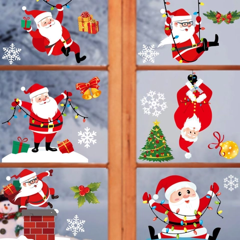 Autocollants Fenêtre Noël Adhésion Statique PVC Père Noël Renne Flocons Neige Décalcomanies Verre Décoration Fête