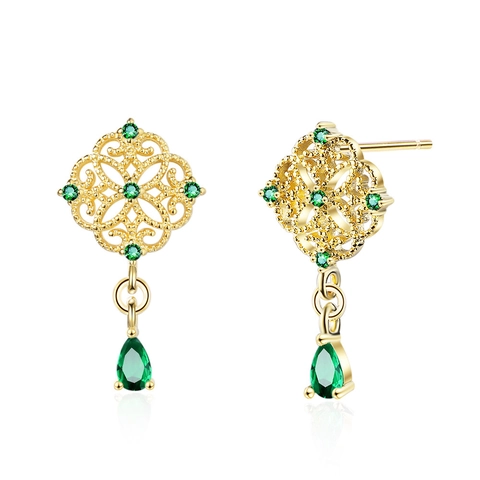Vintage Palace Emerald Green Teardrop Dangle Earrings Copper Gold Plated Hollow Geometric Jewelry For Women