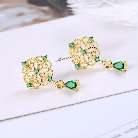 Vintage Palace Emerald Green Teardrop Dangle Earrings Copper Gold Plated Hollow Geometric Jewelry For Women