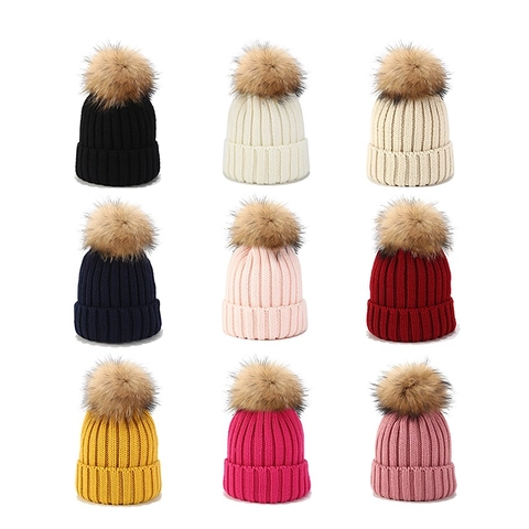 Winter Strickmütze Mit Großem Pelz Bommel Gerippt Elastisch Warm Thermisch Outdoor Für Erwachsene Kinder Männer Frauen