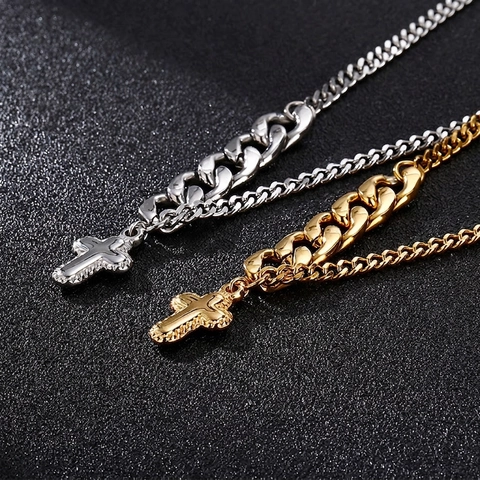 Men Cross Pendant Necklace Stainless Steel Spliced Curb Chain Textured Relief Hip Hop Punk Style Jewelry