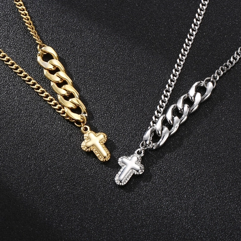 Men Cross Pendant Necklace Stainless Steel Spliced Curb Chain Textured Relief Hip Hop Punk Style Jewelry