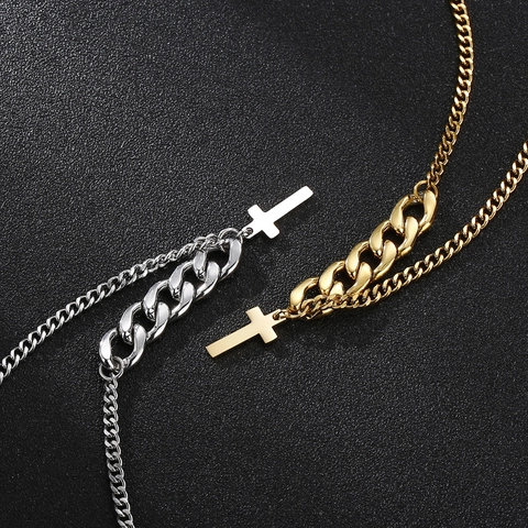 Collar Con Colgante De Cruz De Acero Inoxidable 316L Cadena Mixta Eslabón Cubano Joyería Pulida Minimalista Para Mujer Hombre