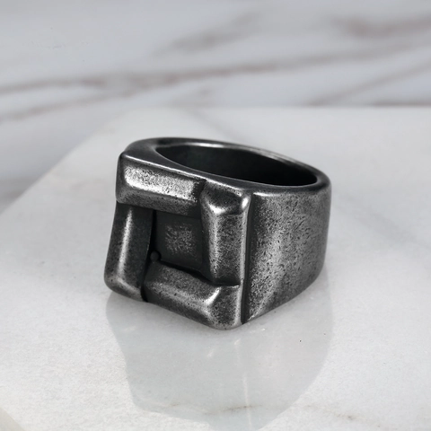 Bague Chevalière Carrée Vintage Acier Inoxydable Industriel Géométrique Texturé Style Rétro Pour Hommes