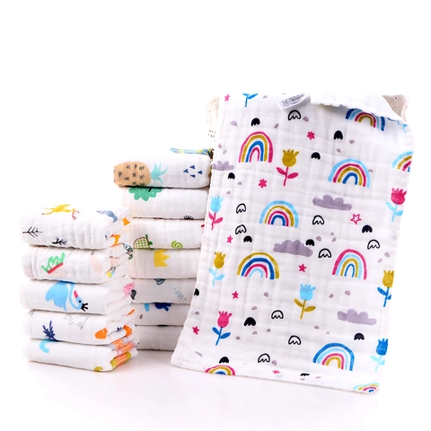 Multi-Layer Pure Cotton Gauze Baby Face Towel Breathable Absorbent Muslin Washcloth Cartoon Print Infant Feeding Wipe