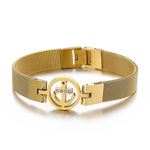Bracciale in Maglia Milanese con Ancora in Acciaio Inossidabile per Donna Cinturino a Forma di Cinturino con Strass Intarsiati Gioielli