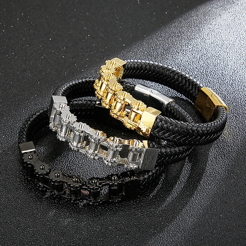 Men Mechanical Woven Leather Bracelet Stainless Steel Bicycle Chain Gears Punk Biker Jewelry Magnetic Clasp