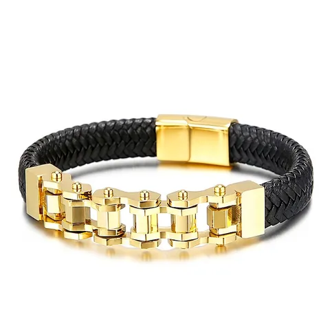 Men Bracelet Stainless Steel And Genuine Leather Woven Mechanical Bicycle Chain Punk Wristband With Magnetic Buckle