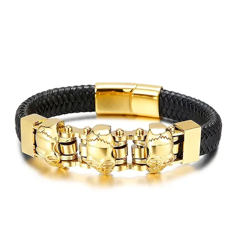 Pulsera De Calavera Para Hombre Acero Inoxidable Cuero Genuino Trenzado Punk Rock Gótico Cadena De Moto Cierre Magnético