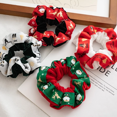 Weihnachts Samt Haargummis Scrunchies Mit Bedrucktem Band Weihnachtsmann Rentier Schneeflocke Feiertag Haaransatz Zubehör