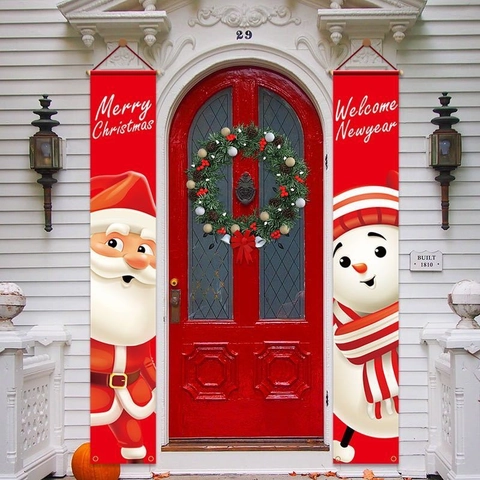 Striscioni Per Portico Di Natale Tessuto Oxford Babbo Natale Pupazzo Di Neve Renna Decorazioni Per Porte Appese Esterno