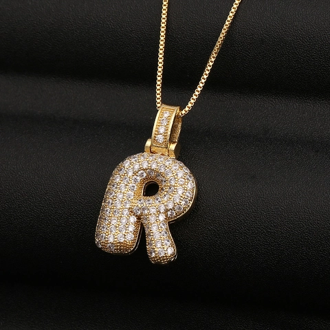 Iced Out Bubble Initial Letter Pendant Necklace Alloy Zircon Gold Tone Hip Hop Fashion Jewelry For Women