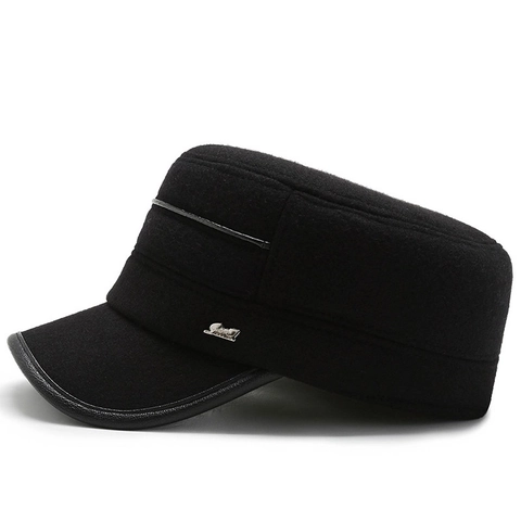 Gorra Cadet Invierno Hombre Lana Militar Sombrero Plano Con Orejeras Cálido PU Cuero Ajustable Deporte Moda