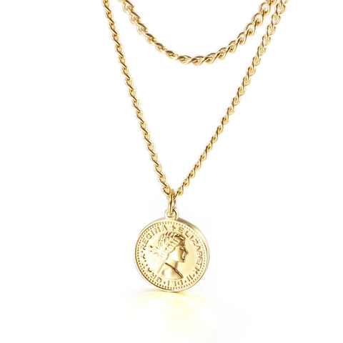 Collana Doppio Strato In Acciaio Inossidabile Per Donna Uomo Retro Regina Elisabetta II Moneta Ritratto Pendente Gioielli Punk