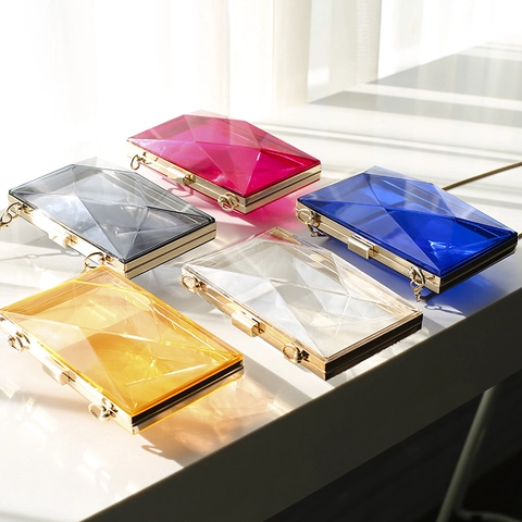 Women Evening Bag Acrylic Geometric Faceted Clutch Purse With Gold Chain Strap For Wedding Party