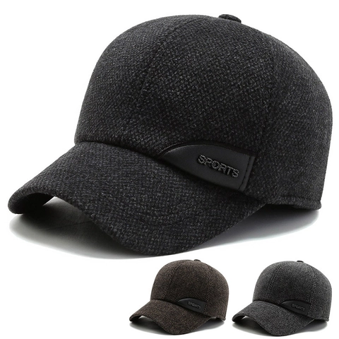 Men Winter Baseball Cap Thickened Woolen Tweed Hat With Ear Protection Adjustable Outdoor Warm