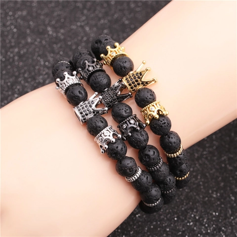 Pulsera De Cuentas Corona Piedra De Lava Natural Dije De Cobre Circonita Elástica Unisex Joyería Moda
