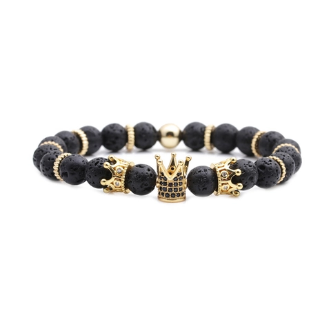 Pulsera De Cuentas Corona Piedra De Lava Natural Dije De Cobre Circonita Elástica Unisex Joyería Moda