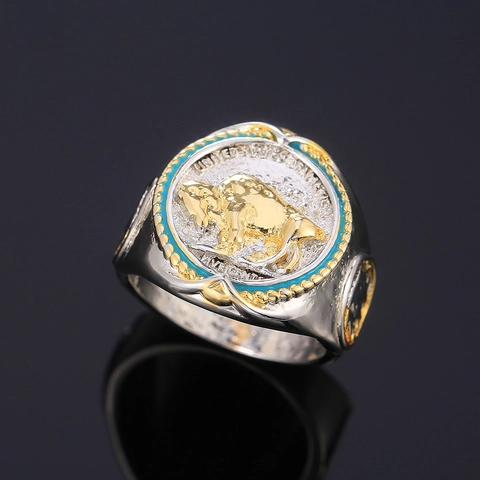 Buffalo Nickel Coin Ring Vintage Alloy Two Tone Enamel American Western Cowboy Style Jewelry For Men Women