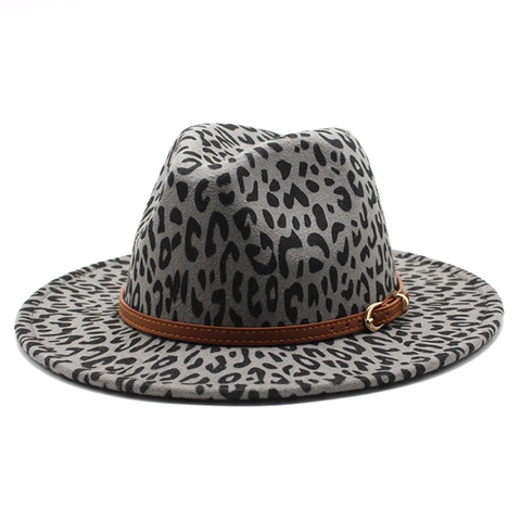 Leopard Print Fedora Hat Wool Felt Wide Brim British Style Retro Jazz Hat With Leather Belt Buckle For Men Women