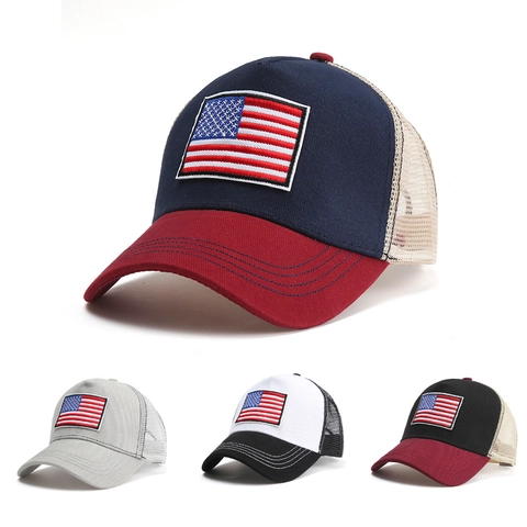 Cappello Trucker Ricamo Bandiera USA Cotone Mesh Berretto Con Visiera Snapback Regolabile Protezione Solare Esterno Uomo Donna