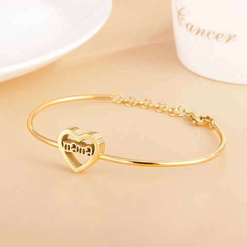 Stainless Steel Heart Shaped Bangle Bracelet With Mama Letter Hollow Design Adjustable For Women Mothers Day Gift