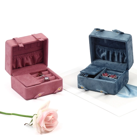 Velvet Jewelry Box Portable Travel Organizer Case With Handle And Snap Button Closure For Rings Necklaces Earrings