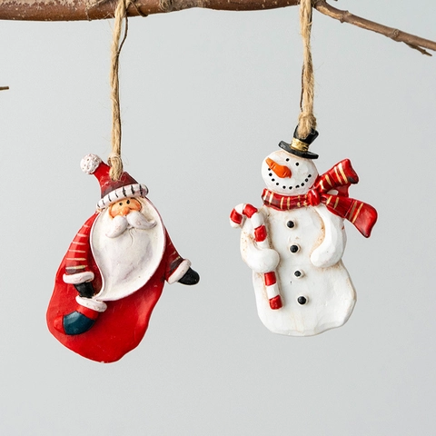 Christmas Ornaments Santa Claus Snowman Resin Hanging Decorations Holiday Tree Decor Vintage Hand Painted Style With Jute Rope