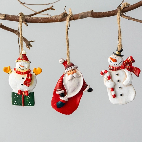 Christmas Ornaments Santa Claus Snowman Resin Hanging Decorations Holiday Tree Decor Vintage Hand Painted Style With Jute Rope