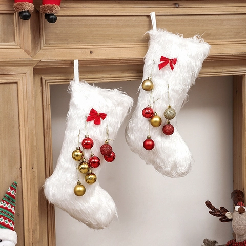 White Faux Fur Christmas Stocking Plush With Red Bow Decorative Balls For Holiday Fireplace Decor