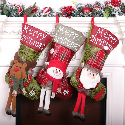 Calze Di Natale Grandi Iuta Peluche Festive 3D Gambe Lunghe Babbo Natale Pupazzo Di Neve Renna Borsa Regalo Decorazione Camino