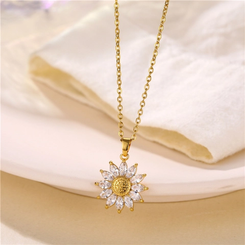 Collana Con Ciondolo A Girasole Con Catena In Acciaio Inossidabile E Gioielli In Ottone Placcato Oro Zircone Per Donna